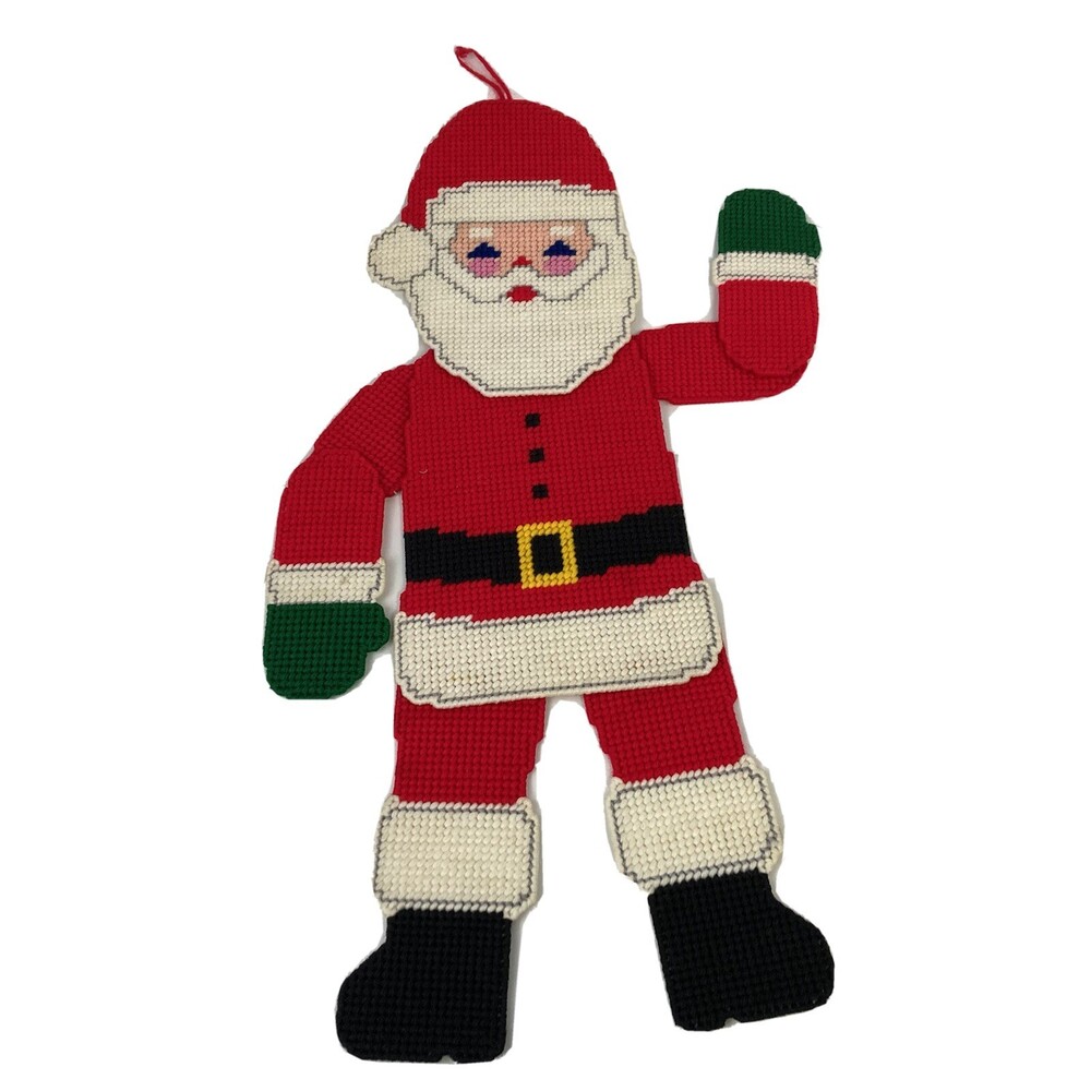 VTG XMAS Plastic Needlepoint 22" Santa Waving Door Canvas Wall Hanger Decoration